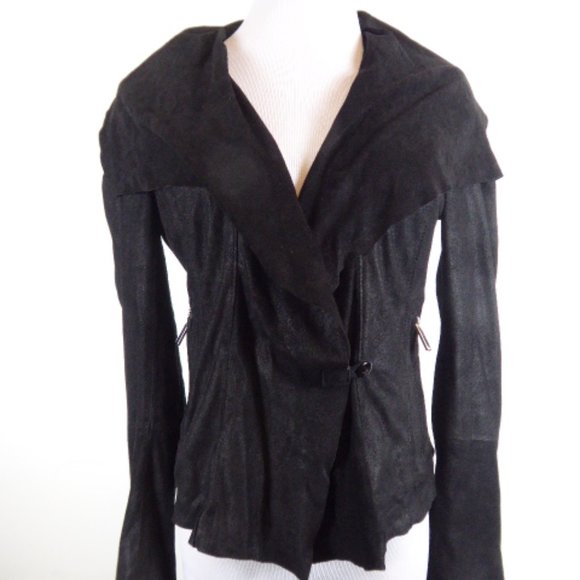 AQUA drape front button black suede jacket S